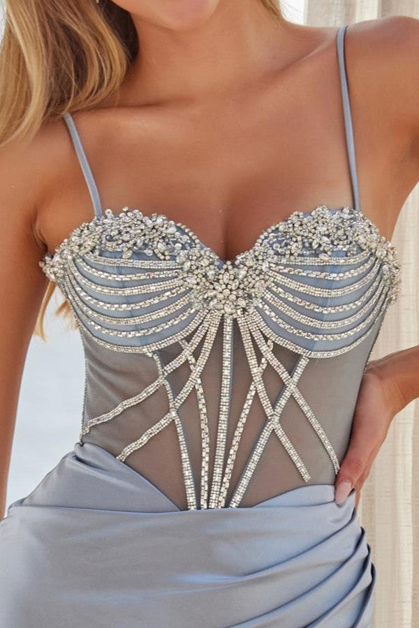 A1593 Sleeveless Silver Beads Illusion Top Sheath Dress