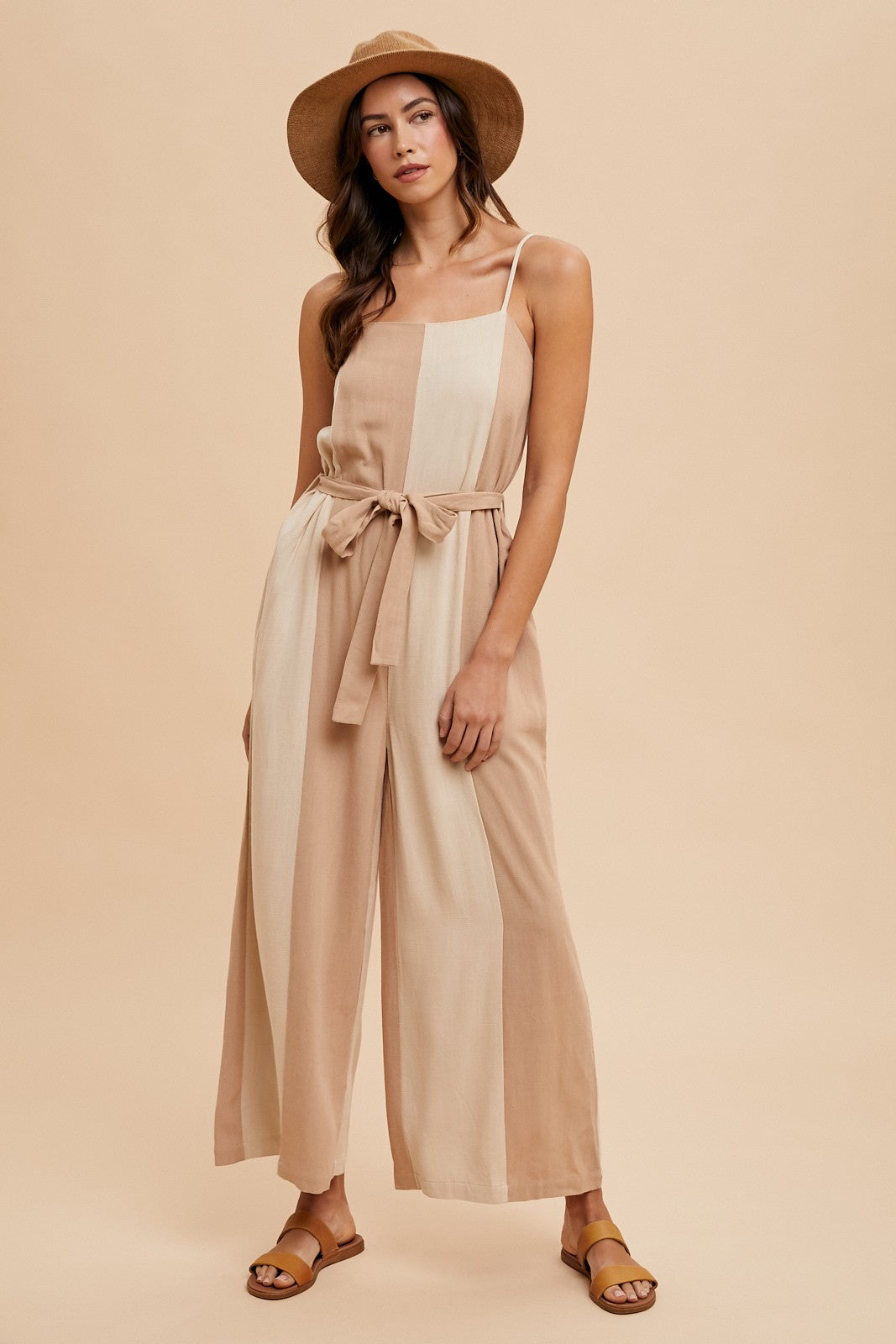 AJS7066W Color Block Linen Wide Leg Jumpsuit