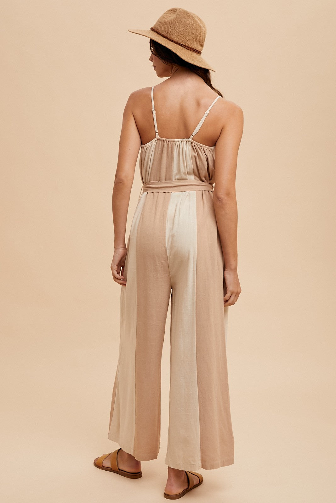 AJS7066W Color Block Linen Wide Leg Jumpsuit