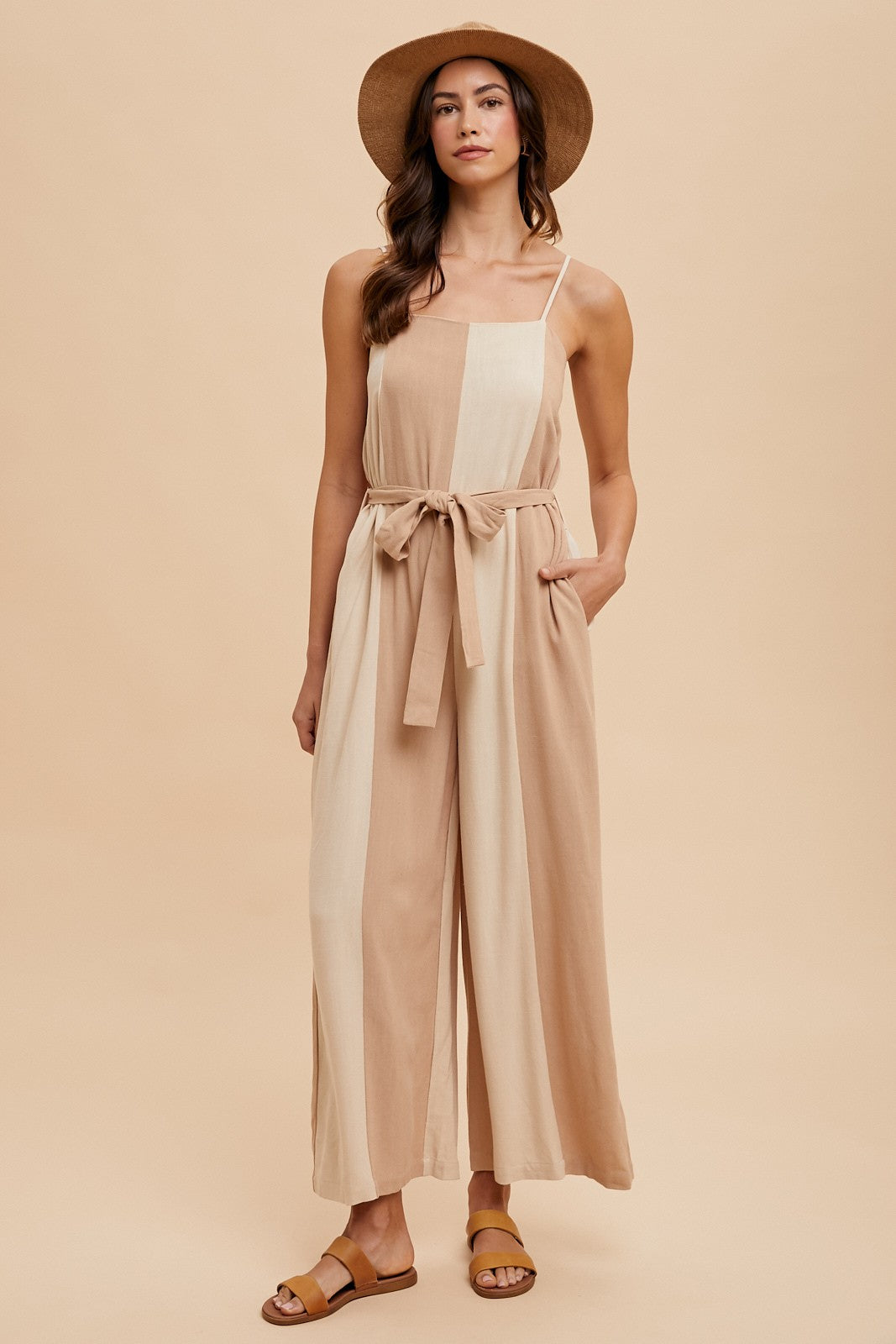 AJS7066W Color Block Linen Wide Leg Jumpsuit