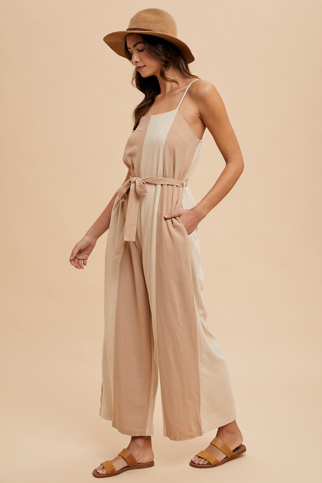 AJS7066W Color Block Linen Wide Leg Jumpsuit
