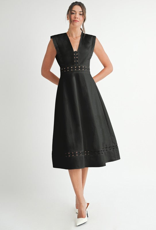 LD1821 Sleeveless Lace Trim Midi Dress