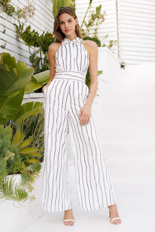 LR1868 Striped Collared Sleeveless Jumpsuit