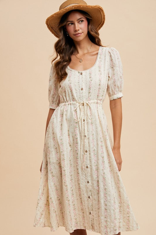 AD4736W Vintage Flower Print Buttondown Midi Dress