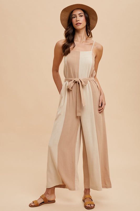 AJS7066W Color Block Linen Wide Leg Jumpsuit