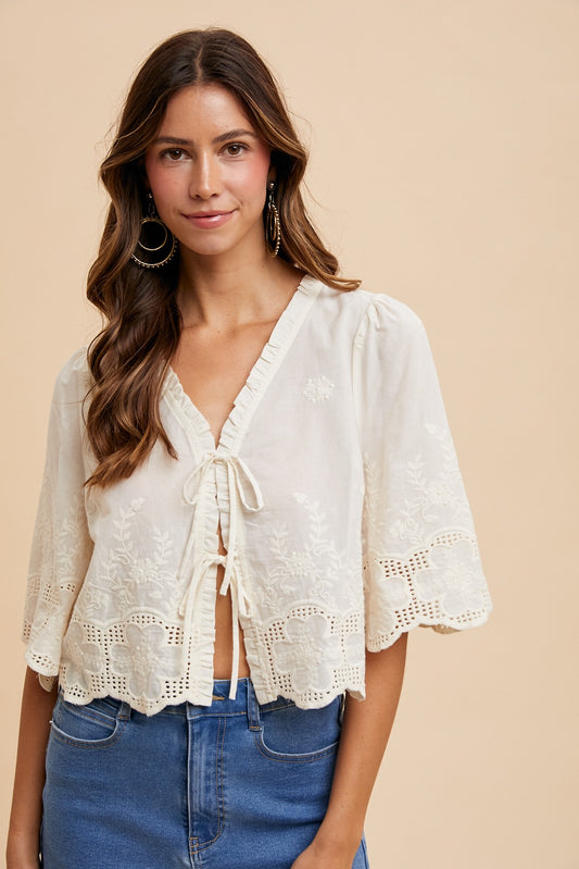 AT2643 Floral Embroidery Tie Front Blouse