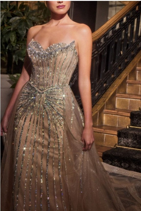 CB158 STRAPLESS CRYSTAL EMBELLISHED GOWN WITH OVERSKIRT