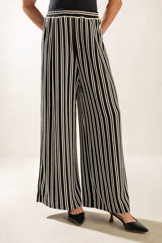FJ1179 A Striped knit pant with elasticized waist and wide leg.