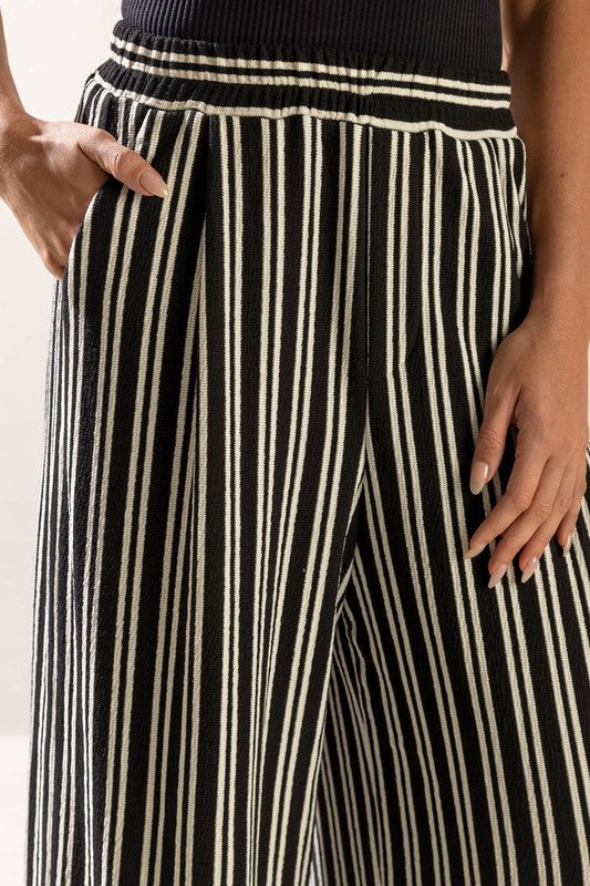 FJ1179 A Striped knit pant with elasticized waist and wide leg.