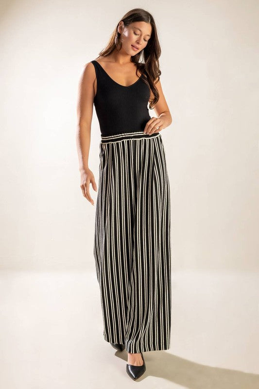 FJ1179 A Striped knit pant with elasticized waist and wide leg.