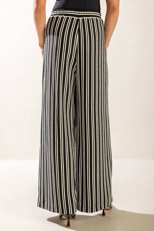 FJ1179 A Striped knit pant with elasticized waist and wide leg.