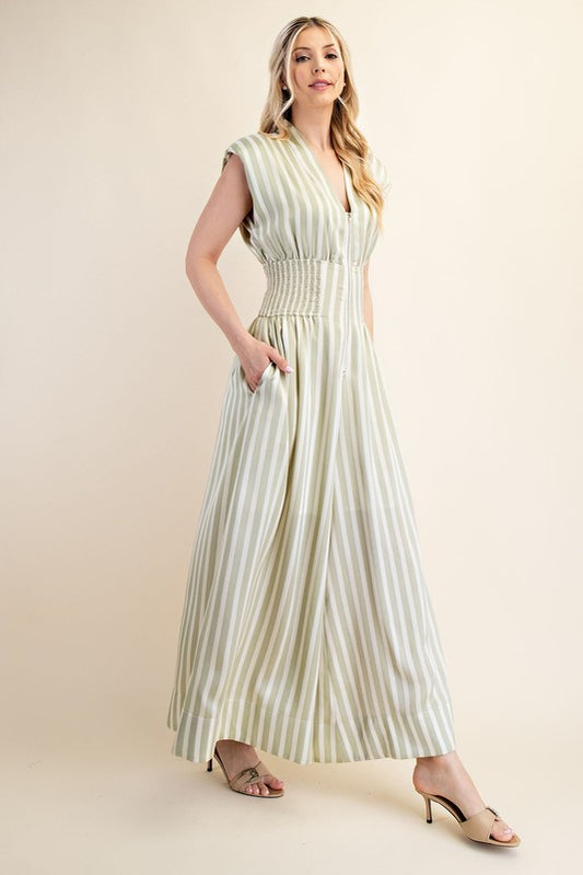 GP7788 Cap-Sleeve Smocked Front-Zip Jumpsuit