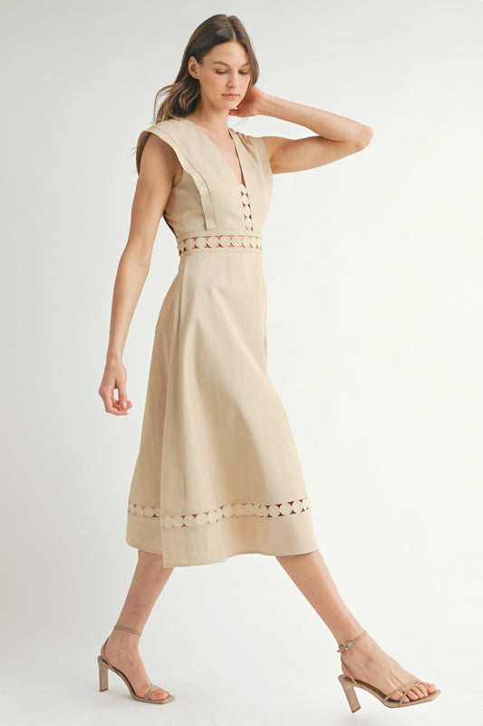 LD1821 Sleeveless Lace Trim Midi Dress