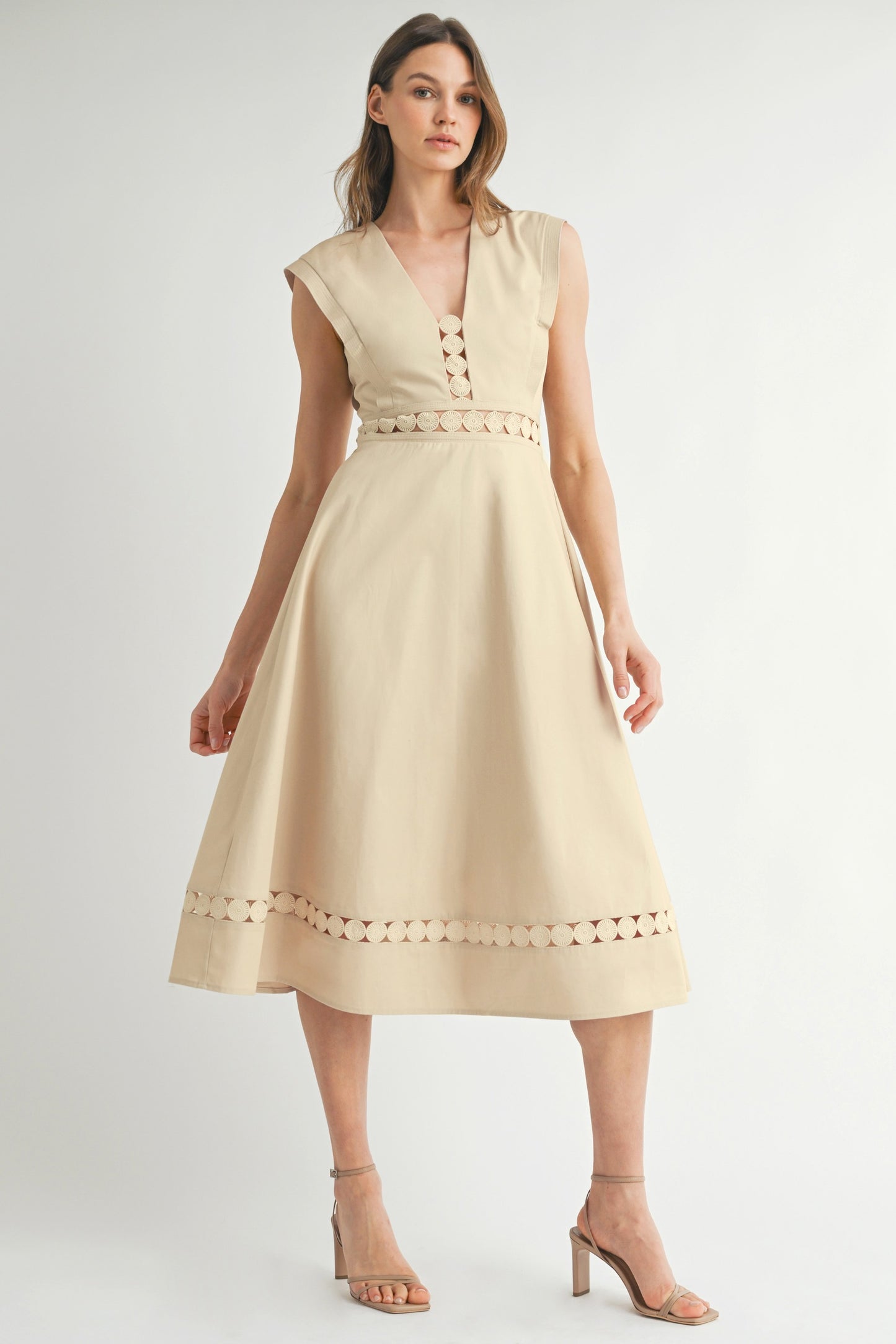 LD1821 Sleeveless Lace Trim Midi Dress