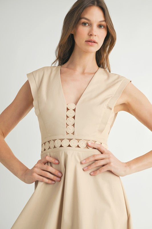 LD1821 Sleeveless Lace Trim Midi Dress