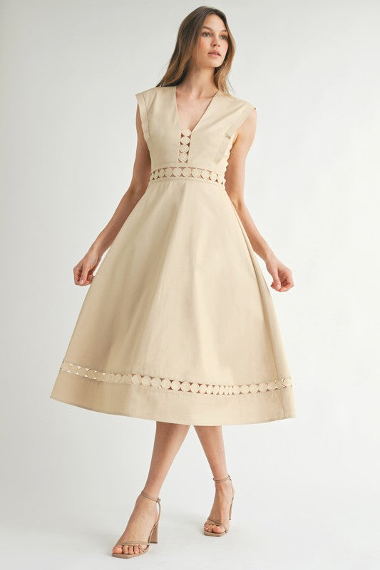 LD1821 Sleeveless Lace Trim Midi Dress