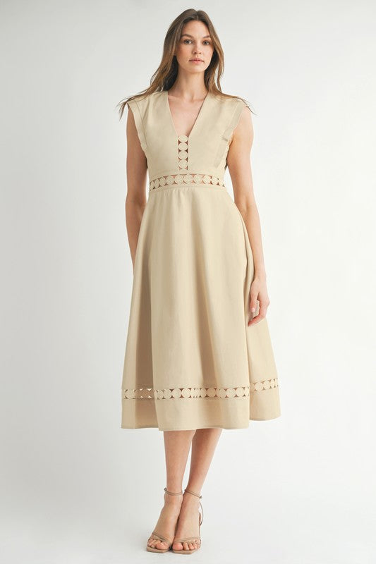 LD1821 Sleeveless Lace Trim Midi Dress