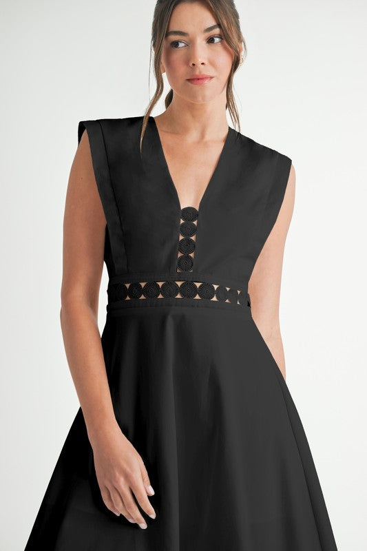 LD1821 Sleeveless Lace Trim Midi Dress